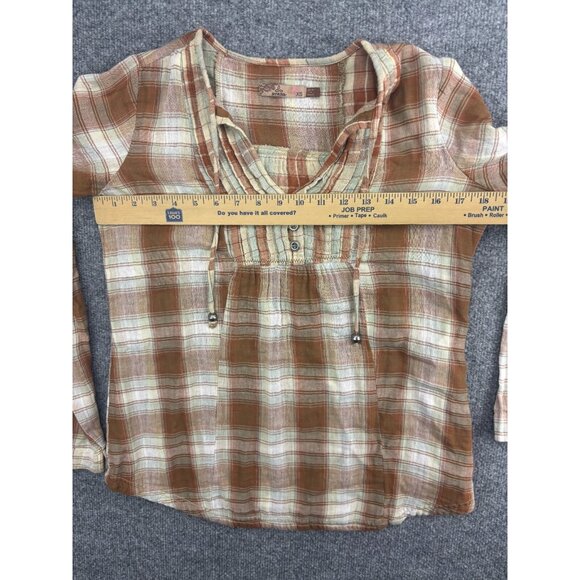 Prana Popover Shirt Women's XS Brown Plaid Button Front Long Sleeve Drawstring - Picture 3 of 6